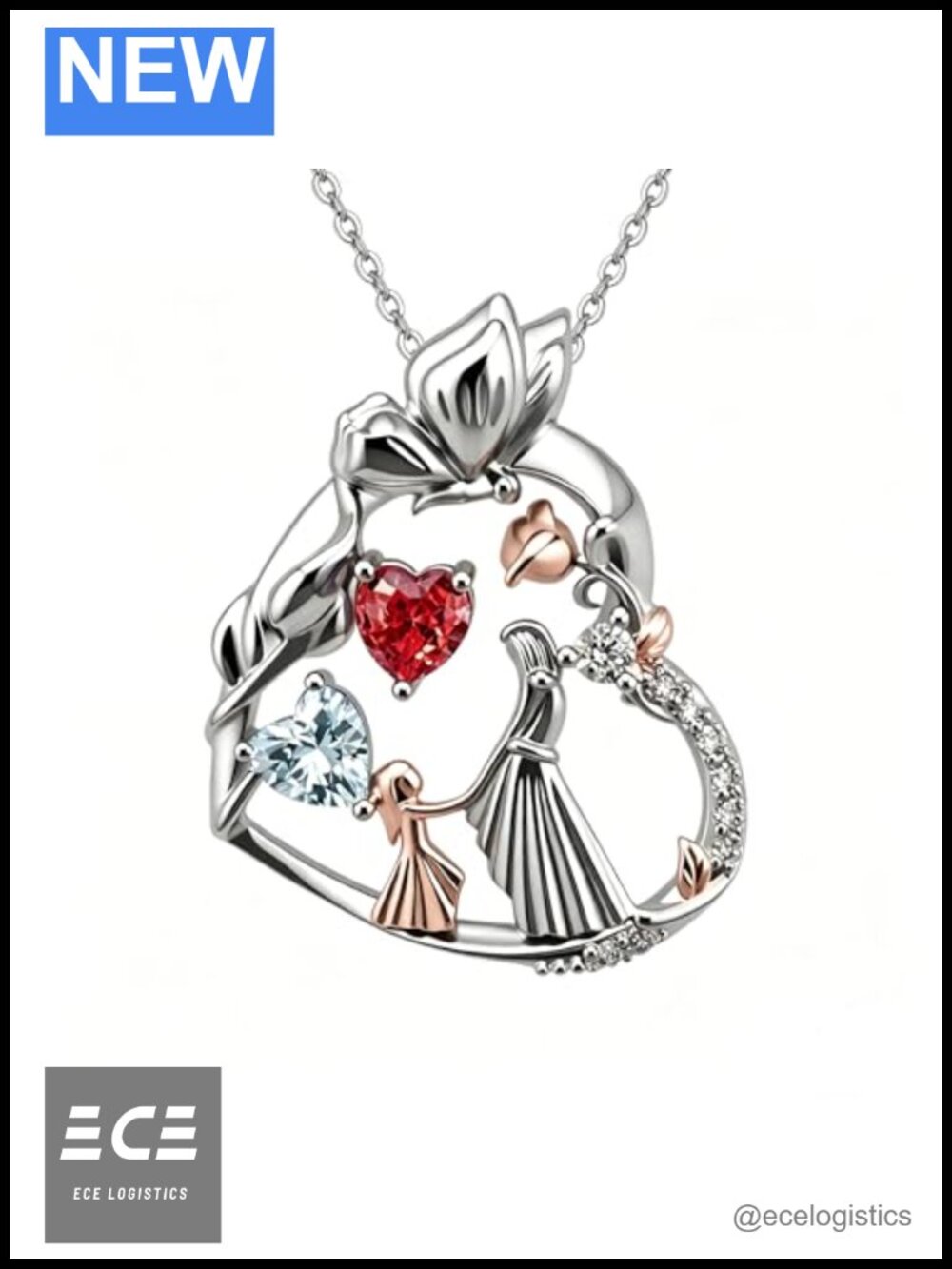 14K 18K Gold Plated Double Heart Birthstone Pendant Necklace Gift